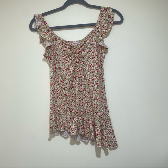 Womens  Y2K Party Girl Summer Floral V-Neck Diagonal Cut Flowy Sleeve stank Top - Picture 1 of 13